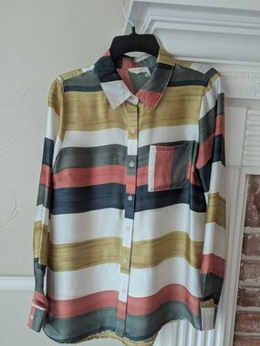 Mystree | Olive and Coral Striped Blouse
